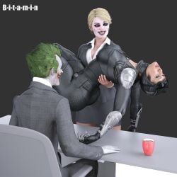 1boy 1boy2girls 2girls 2girls1boy b-i-t-a-m-i-n batman_(series) boobs_out breasts breasts_out carried carrying carrying_another cat_ears catsuit catwoman catwoman_(injustice) dc dc_comics female female_focus injustice_2 joker leather leather_clothing male questionable_consent rape raped raped_by_enemy selina_kyle threesome unconscious