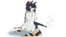 ass_grab breasts female gun hazard_stripes kneeling naked_female sweat