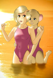 2019 5_fingers anthro biped blonde_hair blue_eyes breasts buffbumblebee bulge caressing clothed clothing duo equine erection eyebrows eyelashes female front_view fur girly hair hi_res horse male mammal mouse multicolored_fur navel one-piece_swimsuit open_mouth outside partially_submerged penis_outline rodent smile standing straight swimsuit tight_clothing water