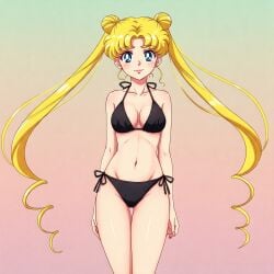 ai_generated bishoujo_senshi_sailor_moon black_bra black_panties blonde_hair blue_eyes bra breasts female looking_at_viewer navel panties sailor_moon usagi_tsukino
