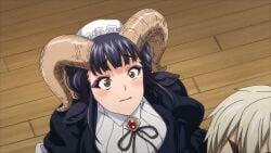 1boy 1girls ajin_ga_osuki_nan_desu_ne animal_ears black_hair blush female female_pubic_hair goat goat_ears goat_girl goat_horns horns kristof_(ajin_ga_osuki_nan_desu_ne) maid male maya_(ajin_ga_osuki_nan_desu_ne) monster_girl pubic_hair queen_bee queen_bee_(animation_studio)
