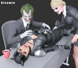 1boy 1boy2girls 2girls 2girls1boy b-i-t-a-m-i-n batman_(series) boobs_out breasts breasts_out cat_ears catsuit catwoman catwoman_(injustice) dc dc_comics female female_focus injustice_2 joker leather leather_clothing lying_on_back lying_on_table male molestation molesting questionable_consent rape raped raped_by_enemy selina_kyle threesome unconscious