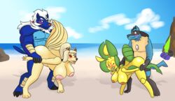 2018 2boys 2girls anthro anthrofied arm_grab ass beach big_ass big_breasts bill_(skybluefox) blush breasts canine eyewear facial_hair female freckles from_behind_position fur furry glasses group hair hambor12 hanging_breasts huge_breasts insect interspecies leavanny looking_pleasured lucario male male_penetrating melanie_(hambor12) multi_tail ninetales nintendo nipples nude outside penetration pokemon pokemon_(species) pokemon_bw pokemon_dppt prison_guard_position rose_(skybluefox) sammy_(hambor12) samurott seaside sex smile video_games water