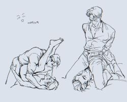 2boys anal anal_sex black_and_white blush clothed_sex collared_shirt gay gay_male half-dressed hands_on_ass hwang_in-ho jeans korean_text legs_up male male/male male_only missionary_position naked naked_from_the_waist_down naked_male nervous nervous_smile nervous_sweat no_pants seong_gi-hun short_hair sitting_on_chest sitting_on_person sketch sketch_page smiling_at_partner squid_game straddling sweatdrop sweating text yaoi