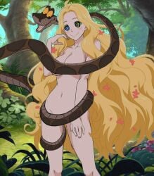bare_legs blonde_hair breasts completely_naked_female completely_nude completely_nude_female convenient_censoring disney edit edited eve_(record_of_ragnarok) eve_(shuumatsu_no_valkyrie) female femsub happy_trance hypnosis hypnotic_eyes jungle kaa kaa_eyes large_breasts male maledom manip navel nude outdoors record_of_ragnarok shuumatsu_no_valkyrie smile snake standing the_jungle_book very_long_hair