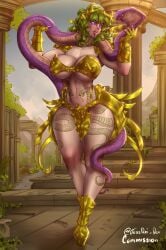 1girls animal armor female gold_armor gold_saints green_hair huge_breasts leaf light-skinned_female light_skin makeup mountain mountainous_horizon nail_polish open_mouth ophiuchus_shaina pillar plant saint_seiya sanctuary snake snake_tattoo solo tattoo tessreidex tongue tongue_out tongue_piercing walking wide_hips