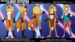 anthro ass belt blonde_hair boots bow bra breasts brown_eyes canine clothing dipstick_tail female footwear fox group hair high_heels keusey_meyer lindzi_stratos loincloth mammal model_sheet multicolored_tail nipples nude parody porn_star pubes red_fox sean_o'hare shoes shoulder_pads skirt underwear