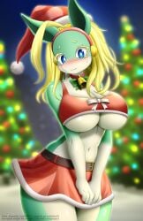 2023 anthro areola areola_slip artist_name bell bell_collar belt belt_buckle big_breasts biped blonde_eyebrows blonde_eyelashes blonde_hair blue_eyes blurred_background blush blush_lines bodily_fluids bottomwear bow_ribbon breasts brown_belt buckle christmas christmas_clothing christmas_headwear christmas_tree cleavage closed_smile clothed clothing collar curvy_figure digital_media_(artwork) english_text eyebrows eyelashes faroula female fingers glistening glistening_arms glistening_body glistening_breasts glistening_thighs gloves_(marking) green_body green_ears green_skin hair hands_together hat headgear headwear hi_res holidays ineffective_clothing ippan_josei kemono looking_at_viewer mammal markings midriff mouth_closed my_hero_academia navel nervous nervous_smile nervous_sweat night outside pink_areola plant portrait pupils quirked_human_(my_hero_academia) red_bottomwear red_clothing red_hairband red_shirt red_skirt red_tank_top red_topwear santa_hat shaded shirt signature skirt smile smiling_at_viewer snout soft_shading standing sweat tan_body tan_skin tank_top tears text thick_thighs three-quarter_portrait topwear tree under_boob white_pupils white_sclera wide_hips