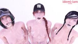 3d 3girls ash_(rainbow_six) breasts cum cum_everywhere cum_in_mouth cum_on_breasts cum_on_face dokkaebi_(rainbow_six) ela_(rainbow_six) eyewear_on_head female female_only green_hair idemi-iam multiple_girls naked_hat nude rainbow_six rainbow_six_siege tactical_glasses tom_clancy