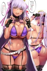 arms_up ass bb_(fate) bb_(swimsuit_mooncancer) belt bikini bracelet breasts bursting_breasts cleavage collar fate/grand_order fate_(series) female fingerless_gloves garter_belt garter_straps gloves gyaru heart huge_breasts long_hair looking_back multiple_views nail_polish navel purple_eyes purple_hair ribbons simple_background text thighhighs uo_denim