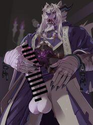 5_fingers absurd_res anthro arm_wraps balls bodily_fluids canid canine censor_bar censored claws cross cross_necklace erection fangs finger_claws fingers fur genital_fluids genitals hi_res horn humanoid_genitalia humanoid_penis hybrid jewelry looking_at_viewer male mammal necklace niku405 open_mouth penis precum solo teeth wraps