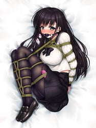 arms_behind_back ball_gag bangs bed_sheet black_ball_gag black_footwear black_hair black_legwear black_neckwear black_sailor_collar black_skirt blush bondage bound bound_arms bound_legs bow bowtie breasts clothing controller embarrassed eyebrows_visible_through_hair female from_above gag gagged highres japanese_text legs_together long_hair long_sleeves looking_at_viewer lying medium_breasts miniskirt nose_blush on_side open_mouth original pantyhose pleated_skirt remote_control remote_control_vibrator rope sailor_collar sakurayashiki_nisei school_uniform serafuku shiny shiny_hair shirt shoes skindentation skirt solo speech_bubble tears tied_up translation_request vibrator vibrator_cord vibrator_under_clothes white_background white_shirt yellow_eyes