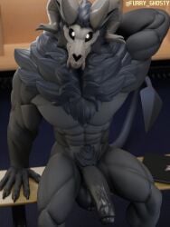 3:4 3d_(artwork) 5_fingers abs absurd_res balls biceps claws digital_media_(artwork) finger_claws fingers fur furry_ghosty genitals glans hi_res horn looking_at_viewer male muscular muscular_male penis pubes sitting skull_heaad solo