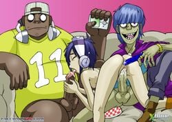 1girls 2boys anal_object_insertion cap dark-skinned_male female gorillaz headphones headphones_around_neck male murdoc_niccals noodle_(gorillaz) palcomix penis russel_hobbs sex tagme threesome vaginal_sex