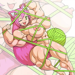 abs animal_ears biceps bondage bottomless cat_ears catgirl curvy devmgf extreme_muscles feline_humanoid female female_only flexing green_eyes huge_breasts hyper_muscles muscles muscular muscular_female naked original pink_hair solo thick_thighs topless