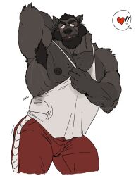 beard big_pecs black_hair bulge bushy_eyebrows gay grabbing_shirt grey_fur hair hairy hairy_armpits male muscular nipple_out red_shorts tank_top unknown_artist unknown_source white_shirt