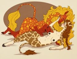 anthro ass bedroom_eyes big_hair blonde_hair blush braided_hair breasts brown_body brown_fur brown_hair cloven_hooves crystal dark_nipples dock_(anatomy) duo ear_piercing ear_ring eyelashes face_to_face faces_touching female female/female female_on_top fur gem genitals giraffe giraffid glistening glistening_breasts glistening_hair gracey_halvenka green_eyes hair hand_on_head hand_on_leg hand_on_thigh holding_face hooves horn jewelry kaylii leaning looking_at_another lying mae_(kaylii) mammal markings narrowed_eyes navel necklace on_back on_top orange_body orange_eyes orange_fur ossicone piercing pussy ring_piercing seductive spots spotted_markings tail tail_tuft tan_body tan_fur tuft