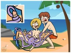 ambiguous_gender bikini bisexual blonde_hair blush breast_grab breasts brown_hair cephalopod clothing elinor_the_witch ellissummer female hair hand_on_breast hornyhobbit human male mammal marine masturbation mollusk mother-of-trolls octopus penis swimming_trunks swimsuit tentacle undressing