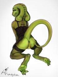 anthro anus ass backsack balls bedroom_eyes clothed clothing crossdressing half-closed_eyes legwear looking_back male male_only naughty_face onde.pingvin presenting presenting_anus presenting_hindquarters raised_tail reptile scalie seductive smile solo stockings thedeadtiger