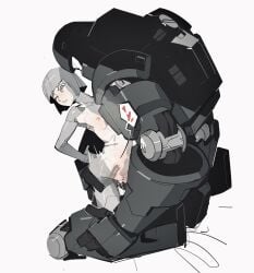 1boy anal_fingering crying cum cyborg female fingering_ass flat_chest grabbing_ass grey_eyes grey_hair humanoid_robot male muscular pipebomb_(cracker68659106) pussy robot robot_humanoid robotic_arm sex small_breasts