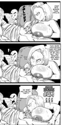 ! 1girls 2boys :&gt;= absurdres age_difference android_18 areolae armchair bald balls beard big_nipples bottomless breasts cheating cheating_wife comic cuckold deepthroat dialogue doompypomp dragon_ball dragon_ball_z earrings english_text facial_hair female forehead_mark frown gagging highres huge_areolae huge_breasts huge_cock human krillin kuririn long_penis male master_roshi monochrome multiple_boys nipples nude old_man older_male outercourse paizuri penis puffy_nipples short_hair solo_focus sound_effects speech_bubble straight sweat text thought_bubble veiny_penis watching younger_female