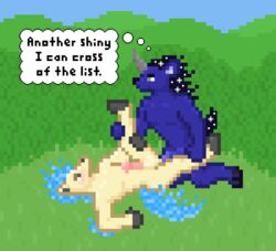 2boys alternate_color animal_genitalia animal_penis blush equine furry gay grass handlebarsprites horn interspecies ki-rin male male_only male_ponyta mammal nintendo nude original_character outside penis pixel_art pokémon_(species) pokemon ponyta shiny_pokemon sky text unicorn video_games yaoi