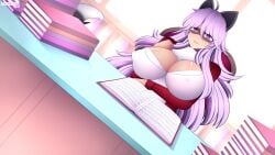 1girls ahoge animal_ears arm_under_breasts blazer book book_stack bookshelf breasts cleavage commission covered_nipples curvy day dildo_riding female female_only grin hair_between_eyes hand_on_own_chest hourglass_figure implied_masturbation indoors large_breasts library long_hair long_sleeves looking_at_viewer lumarianne20 masturbation office_lady open_blazer open_book original pink_eyes pink_hair purple_eyes purple_hair raccoon_ears raccoon_girl raccoon_tail reading shirt sitting sitting_on_dildo smile solo stealth_masturbation tail very_long_hair voluptuous window