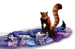 2004 abs ailurid anthro anthro_on_taur arm_tuft athletic balls blue_eyes blue_fur brown_fur butt_tuft canine canine_taur chest_tuft closed_eyes duo female fluffy fluffy_tail full_body fur handjob j-c lying male mammal multicolored_fur naughty_face nude open_mouth penis pillow pornography red_fur red_panda sex signature simple_background sitting smile straight taur tuft two-handed_masturbation white_background white_fur wolf wolf_taur yellow_sclera