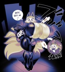 anthro asian_mythology big_breasts breasts canid canine cleavage clothed clothing duo east_asian_mythology eerie_(telemonster) female fox fox_spirit hi_res huge_breasts korean_mythology kumiho latex male male/female mammal motorcycle_helmet mythological_canine mythological_creature mythological_fox mythology profanity submarine_screw tail telemonster text tongue tongue_out werecanid werecanine werecreature werewolf yossi