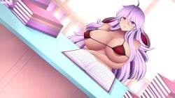 1girls ahoge areolae areolae_slip arm_under_breasts bare_arms bare_shoulders book book_stack bookshelf bra breasts cleavage commission covered_nipples curvy day dildo_riding female female_only functionally_nude grin hair_between_eyes hand_on_own_chest hourglass_figure implied_masturbation indoors large_breasts library long_hair looking_at_viewer lumarianne20 masturbation open_book original pink_eyes pink_hair purple_eyes purple_hair reading red_bra revealing_clothes shoulders sideboob sitting sitting_on_dildo smile solo stealth_masturbation underboob undersized_clothes underwear very_long_hair voluptuous window