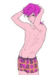 1boy 2019 abs armpits arms_behind_head arms_up boxer_briefs bulge genderswap genderswap_(ftm) green_eyes highres jojo's_bizarre_adventure latiao_dd looking_at_viewer male male_only mostly_nude navel nipples pink_hair rule_63 seductive seductive_look simple_background solo thighs topless trish_una underwear vento_aureo white_background