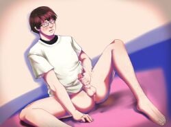 1boy alternate_version_available balls body_hair bottomless brown_hair crying cum cum_on_hand ejaculation glasses half-closed_eyes half-dressed half_naked hiyama_kiyoteru indoors lambrabbit male male_only masturbation nervous pale-skinned_male pale_skin pathetic_male penis perineum semen simple_background sitting solo spread_legs synthesizer_v