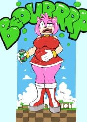 amy_rose animal_ears animal_nose anthro beastbizkit big_belly big_breasts big_thighs black_nose bracelets breasts burp burp_fetish burping female gloves green_eyes green_hill_zone hand_on_belly headband hedgehog holding_belly holding_drink holding_object huge_breasts loud_burp miniskirt pink_hair pink_skin platform_boots platform_footwear red_boots sonic_(series) thick_thighs white_gloves