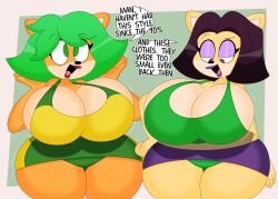 2girls 3barts ami_bandicoot anthro crash_(series) green_hair large_breasts liz_bandicoot midriff simple_background text tight_clothing violet_hair wide_hips