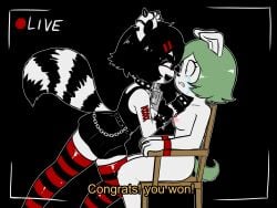 4:3 absolute_territory absurd_res anthro black_hair bodily_fluids bottomwear bound bracelet breasts camera_view canid canine canis cerise_(e254e) chains choker clothed clothed/nude clothed_female clothing collar congratulations congratulations_you_won! constricted_pupils corset_piercing crying domestic_dog duo e254e eye_contact female fluffy fluffy_tail green_hair gun gun_to_head hair hand_on_face handgun hi_res imminent_death imminent_suicide jewelry leaning leaning_forward legwear looking_at_another mammal markings natural_breasts necklace nipples nude nude_female piercing procyonid pupils raccoon ranged_weapon recording recording_video revolver ring_(marking) ringed_tail russian_roulette ryona scared skirt small_pupils smile spiked_bracelet spiked_collar spikes stockings striped_markings striped_tail stripes suicidal surface_piercing tail tail_markings tears tied_to_chair weapon