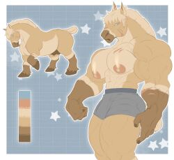 absurd_res animal_genitalia anthro balls big_muscles blonde_hair boxers_(clothing) clothing digital_media_(artwork) draft_horse equid equine feral flexing fur genitals hair hi_res hooves horse huge_muscles male mammal model_sheet muscles muscular muscular_male natural_colors nipples oboii odin_(oboii) pecs sheath simple_background solo tail thick_thighs underwear vein