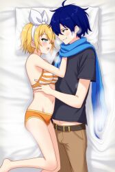 1boy 1girls blonde_hair blue_eyes blue_hair bra edit edited_image female hair_ribbon ia kagamine_rin kaito_(vocaloid) male panties underwear