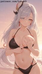 ai_generated beach bikini black_bikini blush breast breast_grab female genshin_impact girl hair_ornament hoyoverse large_breasts long_hair luka45 mihoyo navel patreon patreon_reward patreon_url patreon_username shenhe_(genshin_impact) smile smiling smiling_at_viewer standing sunset teasing touching_breast white_hair