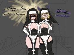 2girls breasts breasts_pressed_against_partner female glasses halo holy nun nun's_habit original_characters skimpy_clothes tagme thigh_highs