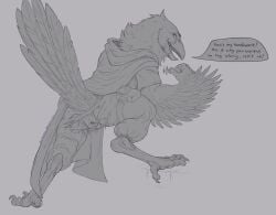 animal_genitalia anthro ass avian basillicus bird bottomwear cloaca cloak clothed clothing corvid dialogue english_text feathered_arms feathers genitals gesture gloves handwear hi_res hood legwear line_art looking_at_viewer looking_back magpie_(disambiguation) male monochrome oscine pants partially_clothed passerine presenting presenting_hindquarters raised_tail simple_background solo speech_bubble stockings tail text torn_clothing torn_fabric