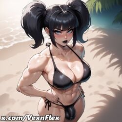 ai_generated beach bikini bikini_top female fit_female futa_only futanari goth goth_girl hi_res high_resolution highres intersex muscular muscular_female penis_bulge presenting_bulge sexy vexnflex violet_(vexnflex) watermark