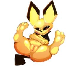 1girls 2019 3_fingers 4_toes alpha_channel anus ass belly big_ass big_ears black_fur brown_eyes chubby eyelashes feet female female_only flat_chest fur furry furry_only half-closed_eyes legs_up looking_at_viewer mammal navel nintendo nude paws pichu pokémon_(species) pokemon presenting presenting_pussy pussy rodent sapple_(artist) simple_background smile soles solo source_request spread_legs tail thick_thighs toes transparent_background video_games wide_hips yellow_fur