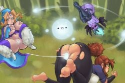 3girls big_ass big_breasts breasts crystal_maiden dota dota_2 feet female framlina io_(dota) looking_pleasured marci partially_clothed pleasure_face tongue_out vaginal_insertion vengeful_spirit
