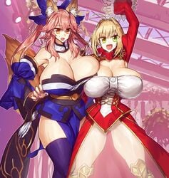 2girls alternate_breast_size big_breasts blonde_hair cleavage dress fate/extra fate/grand_order fate_(series) fox_ears fox_girl fox_tail hair_ribbon hairbow huge_breasts looking_at_viewer melon22 multiple_females multiple_girls nero_claudius_(fate) pink_hair sweatdrop tamamo_nine tamamo_no_mae_(fate) thick_thighs thighhighs