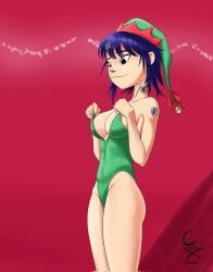 1girls asian asian_female cockstar_studios confused_look cyborg_noodle elf_costume elf_hat female gorillaz putting_clothes_on small_breasts