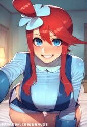 ai_generated all_fours big_ass big_breasts big_butt big_thighs blue_eyes blush flower_in_hair huge_ass huge_breasts huge_butt huge_thighs pokemon red_eyes skyla_(pokemon) wanuze wide_hips