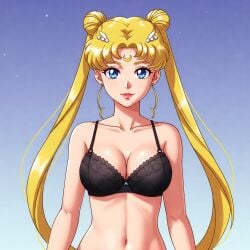 ai_generated bishoujo_senshi_sailor_moon black_bra blonde_hair blue_eyes blush bra female looking_at_viewer navel sailor_moon usagi_tsukino