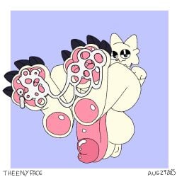 :3 bedroom_eyes big_penis bodily_fluids claws cum cum_on_feet feet foot_focus genital_fluids genitals glistening glistening_pawpads humanoid_genitalia humanoid_penis narrowed_eyes pawpads penis rain_world seductive simple_background slugcat theenyface videocult white_body wrinkled_feet wrinkles