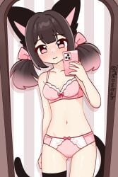 artist_signature black_ears black_tail blush bow_panties brown_hair cat_ears cat_tail catgirl embarrassed hearts_in_eyes lingerie_only meowbahh meowbahh_(artist) meowbahh_(mcyt) mirror_selfie petite pink_bra pink_eyes pink_hair_bow pink_hair_tips pink_panties pink_phone selfie slim small_breasts