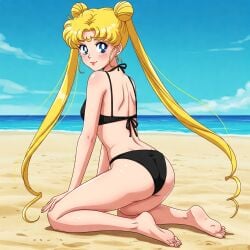 ai_generated ass beach bikini bishoujo_senshi_sailor_moon black_bikini blonde_hair blue_eyes blush feet female looking_back sailor_moon soles toes usagi_tsukino